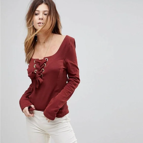 Free People Looking Back Rust Lace Up Shirt - Picture 1 of 6